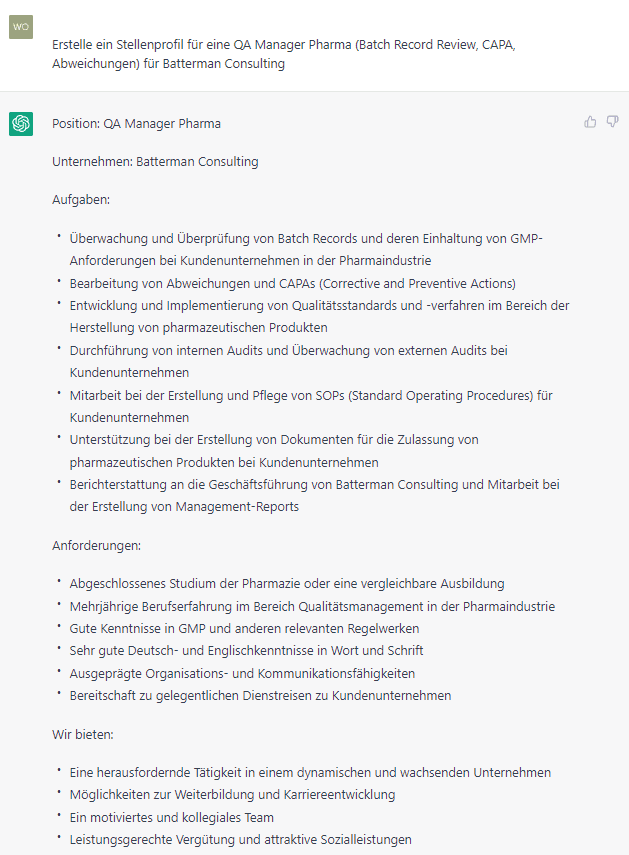 Ein automatisch generiertes Jobinserat mit ChatGPT